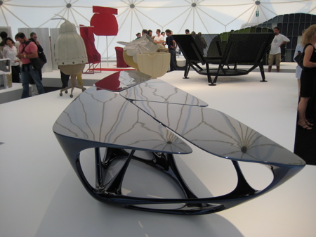 Zaha Hadid's Mesa table in Basel, Switzerland at the Design Miami/Basel collectors' fair.