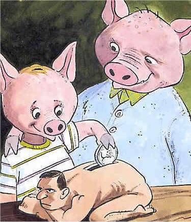Pigs saving money... Schweine benutzen mensch als sparschwein...