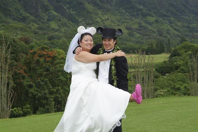 Japanes husband and bride with ugly Crocs.