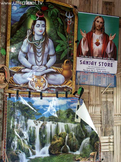 Jesus Christ and Krishna together on a poster in Havelock Island, India. Waterfall picture. (cr) ultrafeel.tv