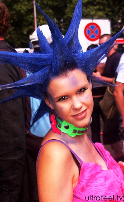 Streetparade 2008 - Girl with cool blue Iroquois punk hair.